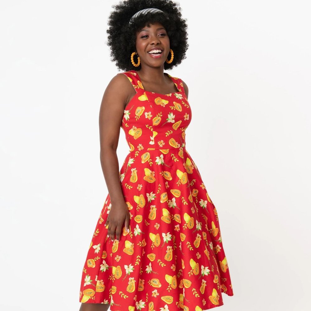 Unique Vintage Red & Hawaiian Papaya Print Della Swing Dress